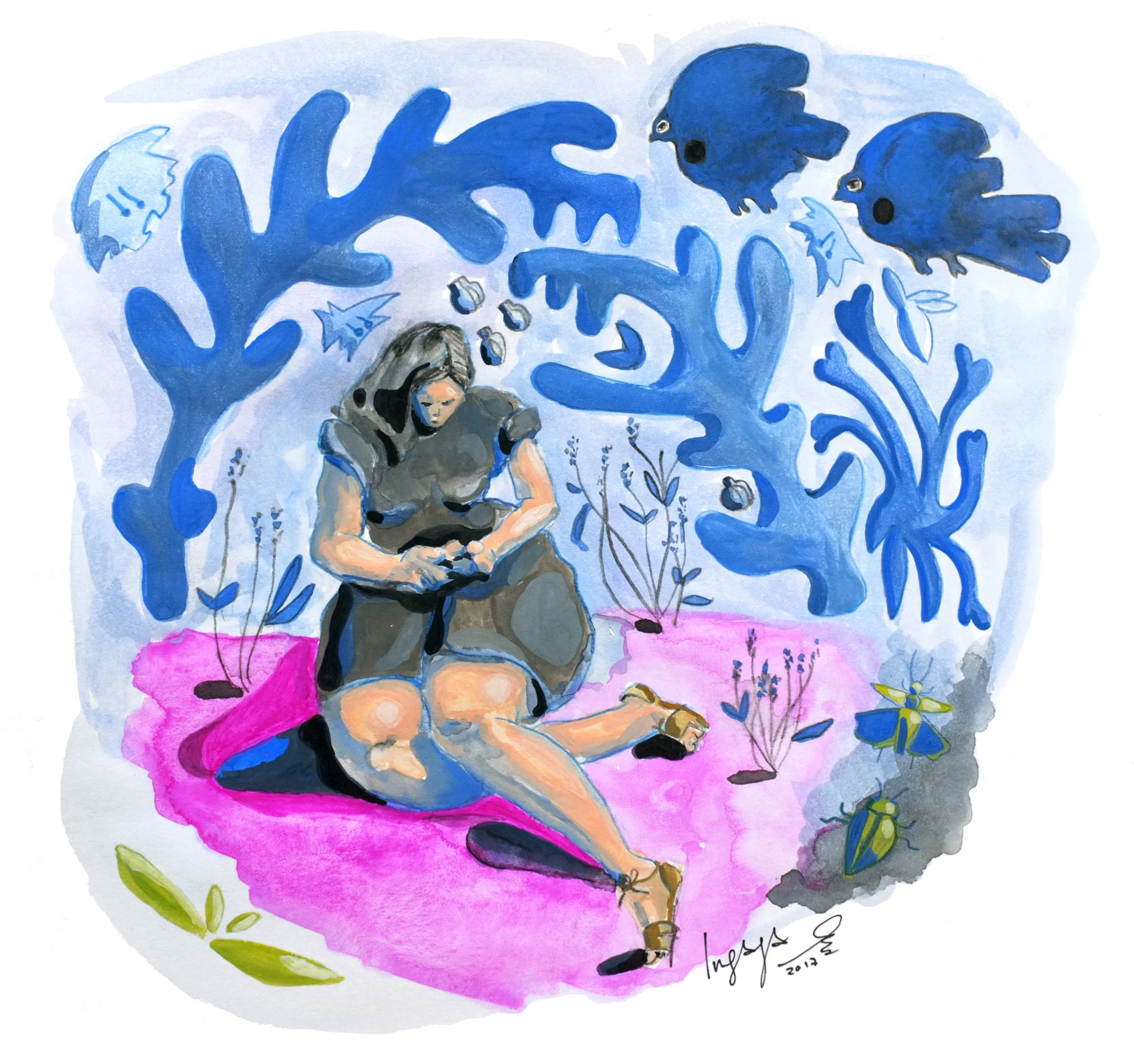 Searching for the stars, gouache Painting of myself, looking at the phone while being in the nature. Self criticism in style. 