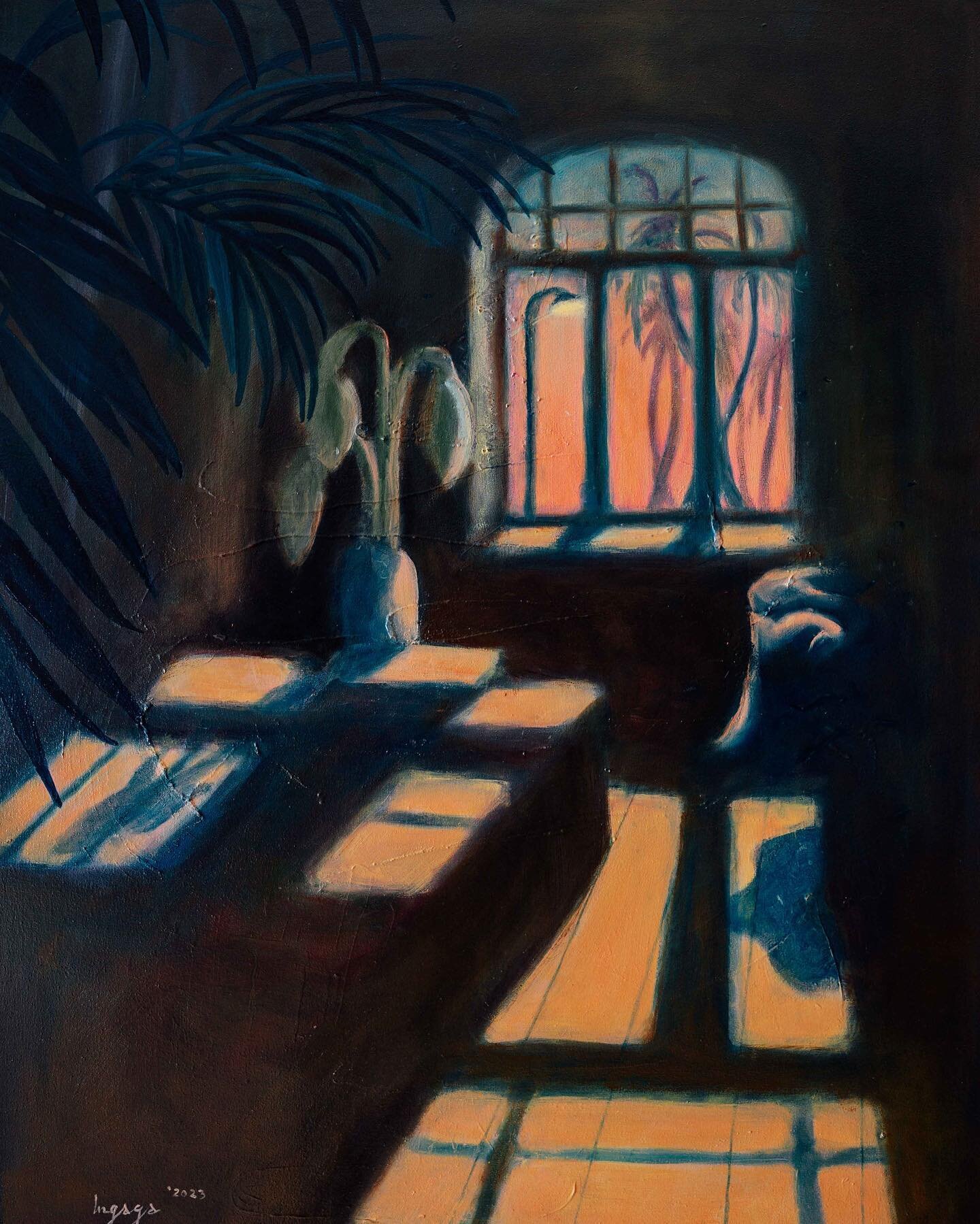 Continuing exploring light throughout my paintings and the mood that different part of the day brings us. My favorite is the golden hour because is the most cozy, soft and warm, creating deep shadows, and that it doesn&rsquo;t last very long. Otherwi