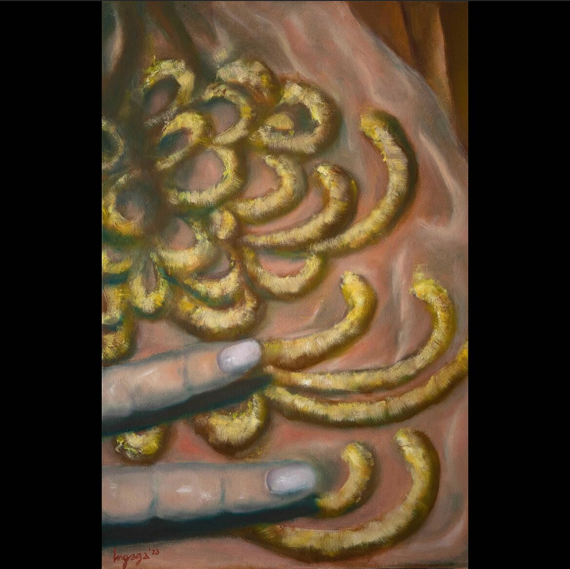 CHOPSTICKS / 40 x 60cm / oil on canvas / 2023 #teofingerspainting #twofongers #fingersonfabric #chopsticks #golden #barcelonaartist  #dressfabricpainting #fabricpainting #ingakaupelyte #ingaga