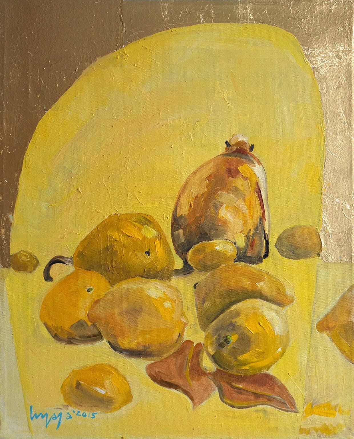 Just found some gold in my archives. Heat / 40x50 / Oil and gold leaf on canvas / 2015 #painting #ingagaart #ingakaupelyte #heatpainting #monkeyandlemons #yellowpainting