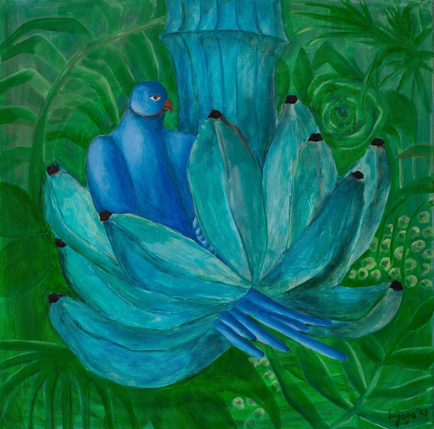 Blue bird and bananas 
oil on recycled canvas
2023 #ingaga #ingakaupelyte