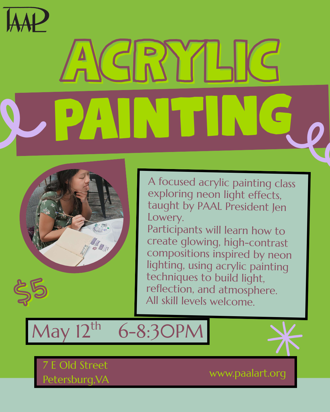 Neon Light Acrylic Painting Workshop with Jen Lowery May 12th