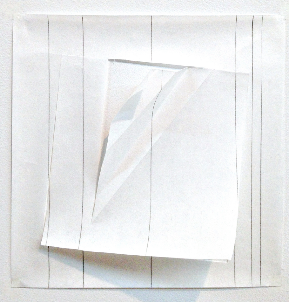 The effects of a fold on a line, graphite., 8 inches square, Kozo paper, graphite, 2013