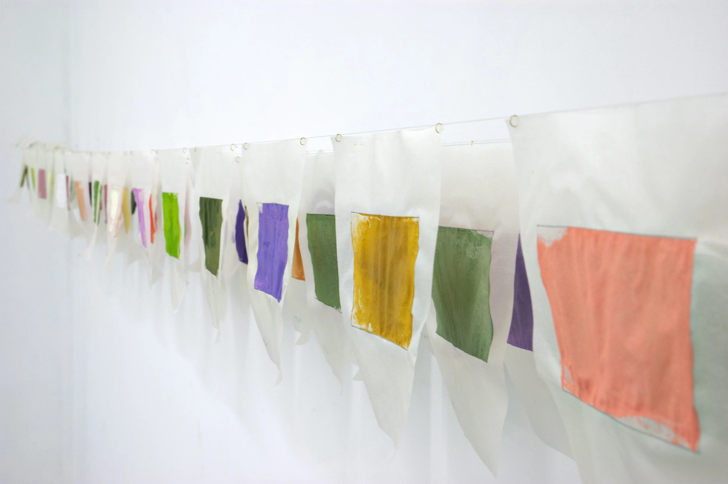 Color changes in the forest, during one year, at the same location., 6inches X 12 feet 9 inches, acrylic on Juan silk, 2015 at TSA NY, Brooklyn, NY.