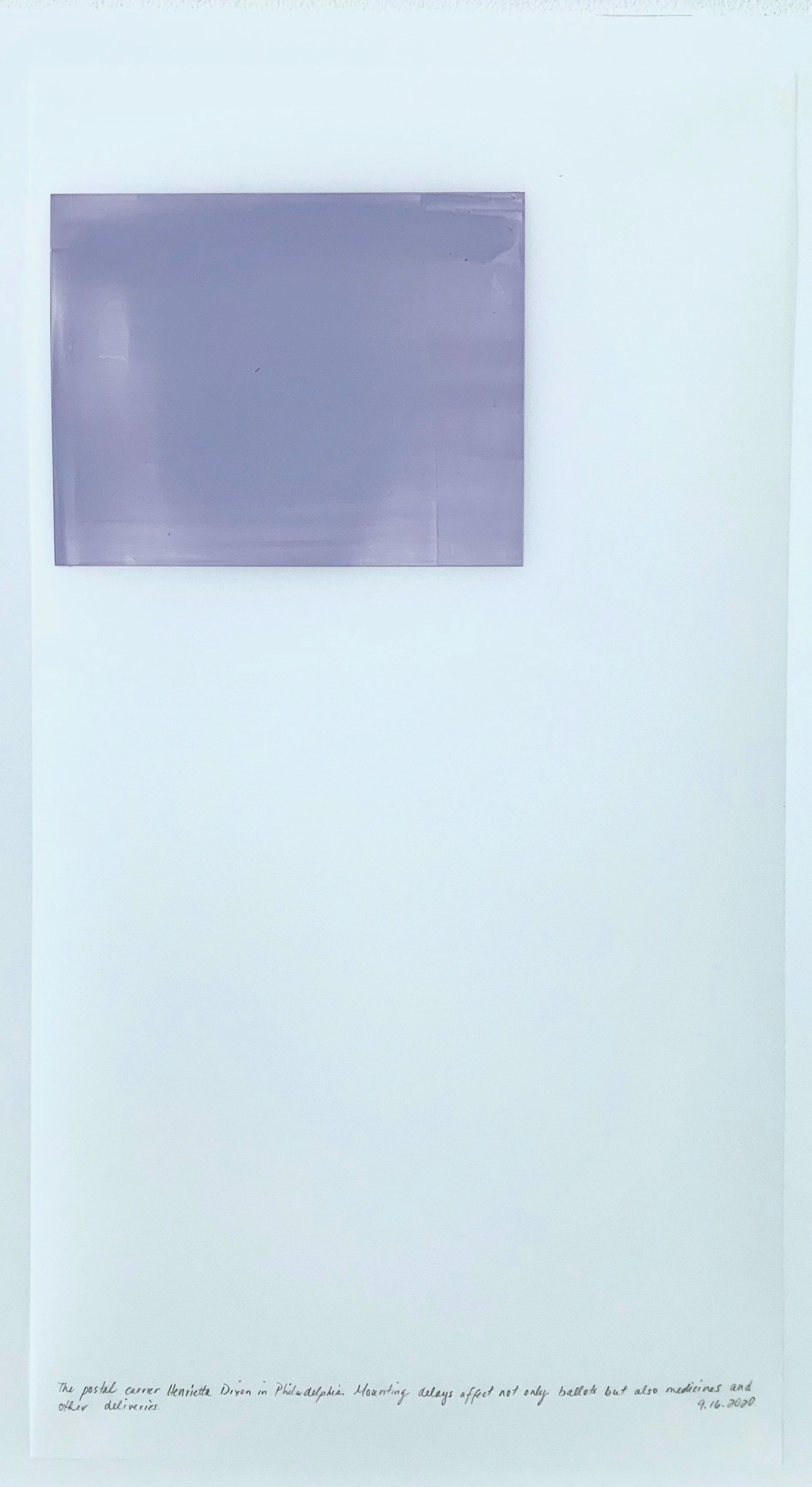 A Week in Times  - 2020 Acrylic on polyester resin film, 22 x 12 inches  
The postal carrier Henrietta Dixon in Philadelphia. Mounting delays affect not only ballots but also medicines and other deliveries.9.16.20