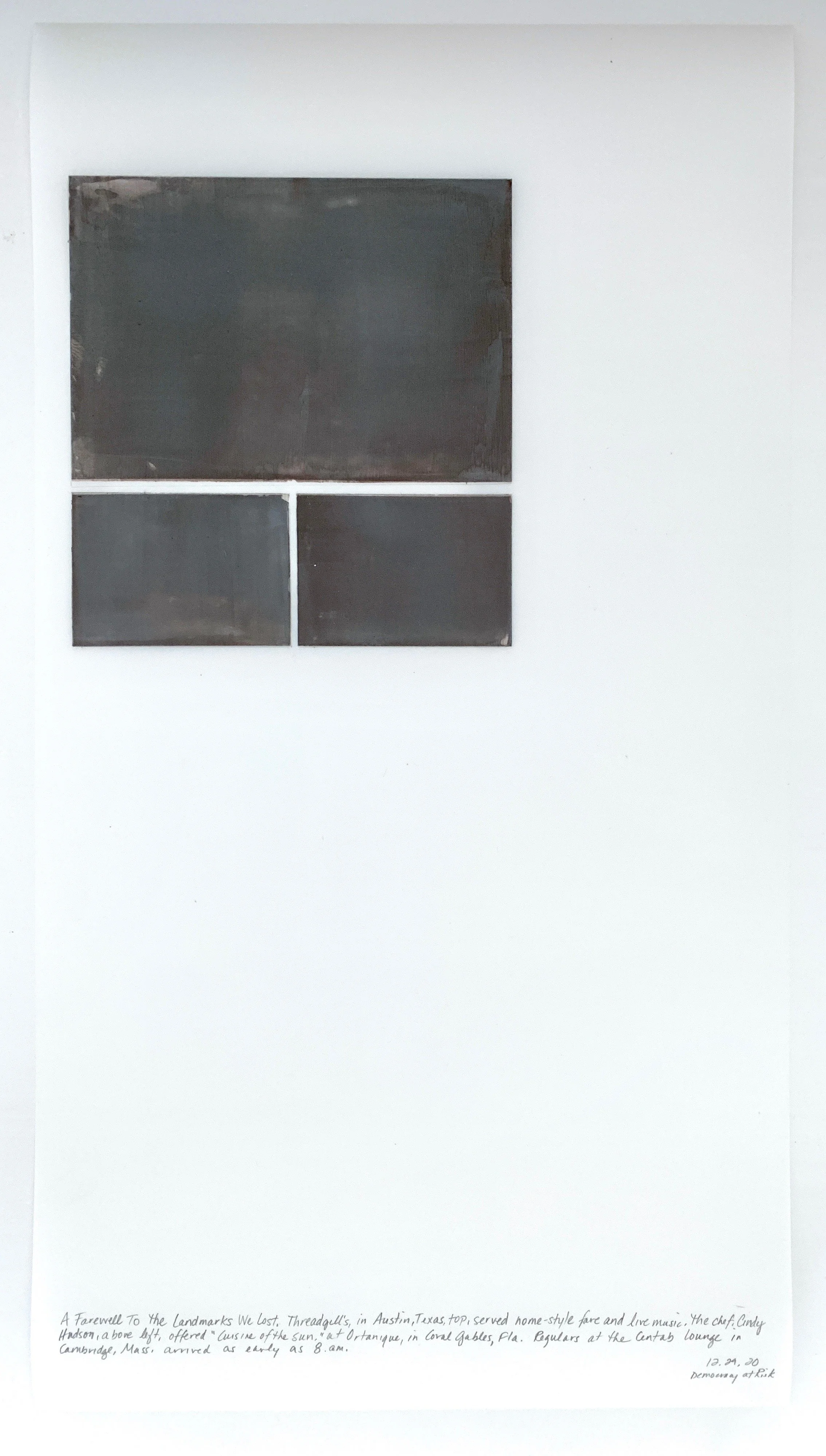 A Week in Times  - 2020 Acrylic on polyester resin film, 22 x 12 inches  
A Farewell to the Landmarks We Lost. Threadgill’s in Austin, Texas, top, served home-style fare and live music. The chef, Cindy Hudson Above left, offered “Cuisine of the Su