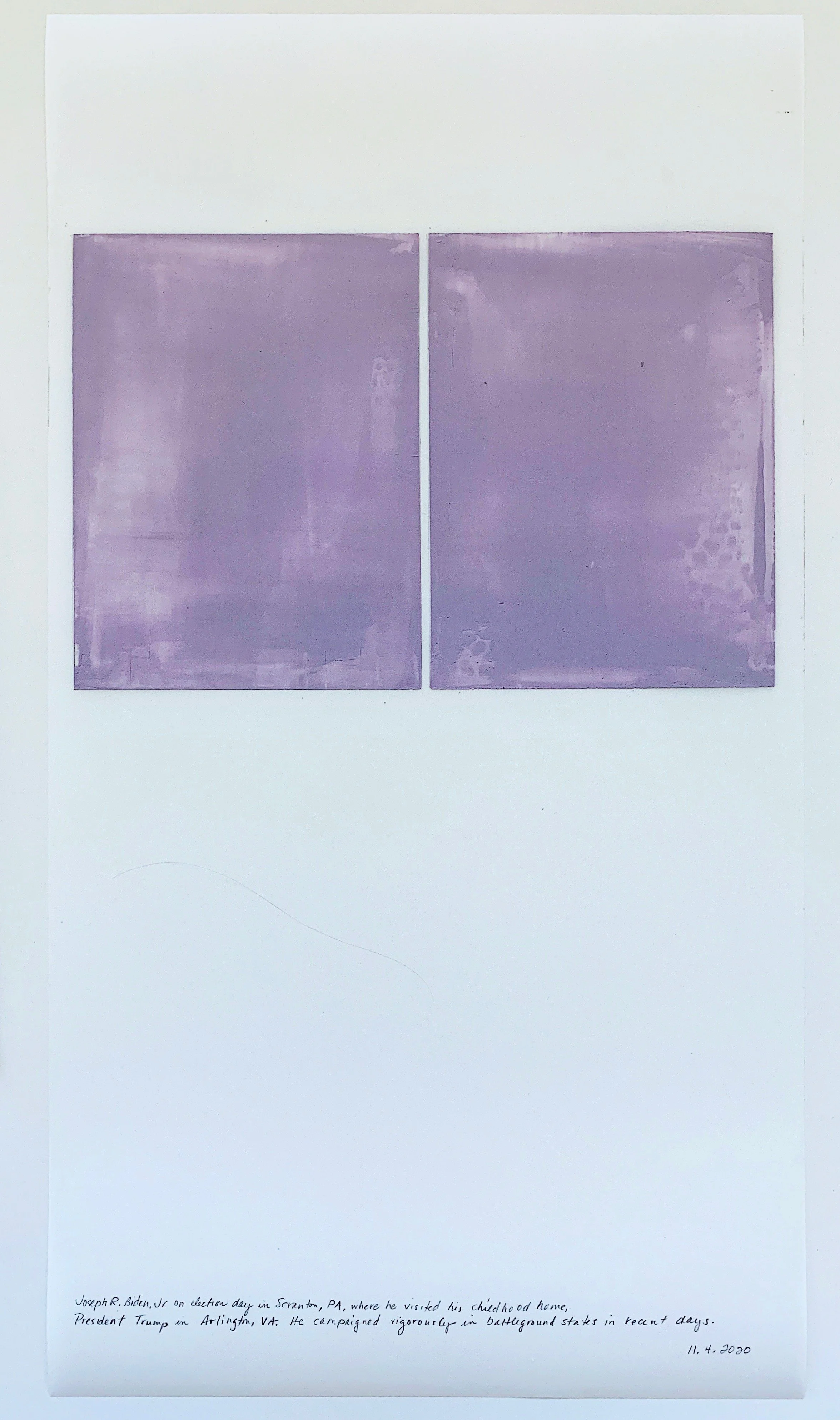 A Week in Times  - 2020 Acrylic on polyester resin film, 22 x 12 inches  
Joseph R. Biden, Jr. on election day in Scranton, PA, where he visited his childhood home, President Trump in Arlington, VA. He campaigned vigorously in battleground states