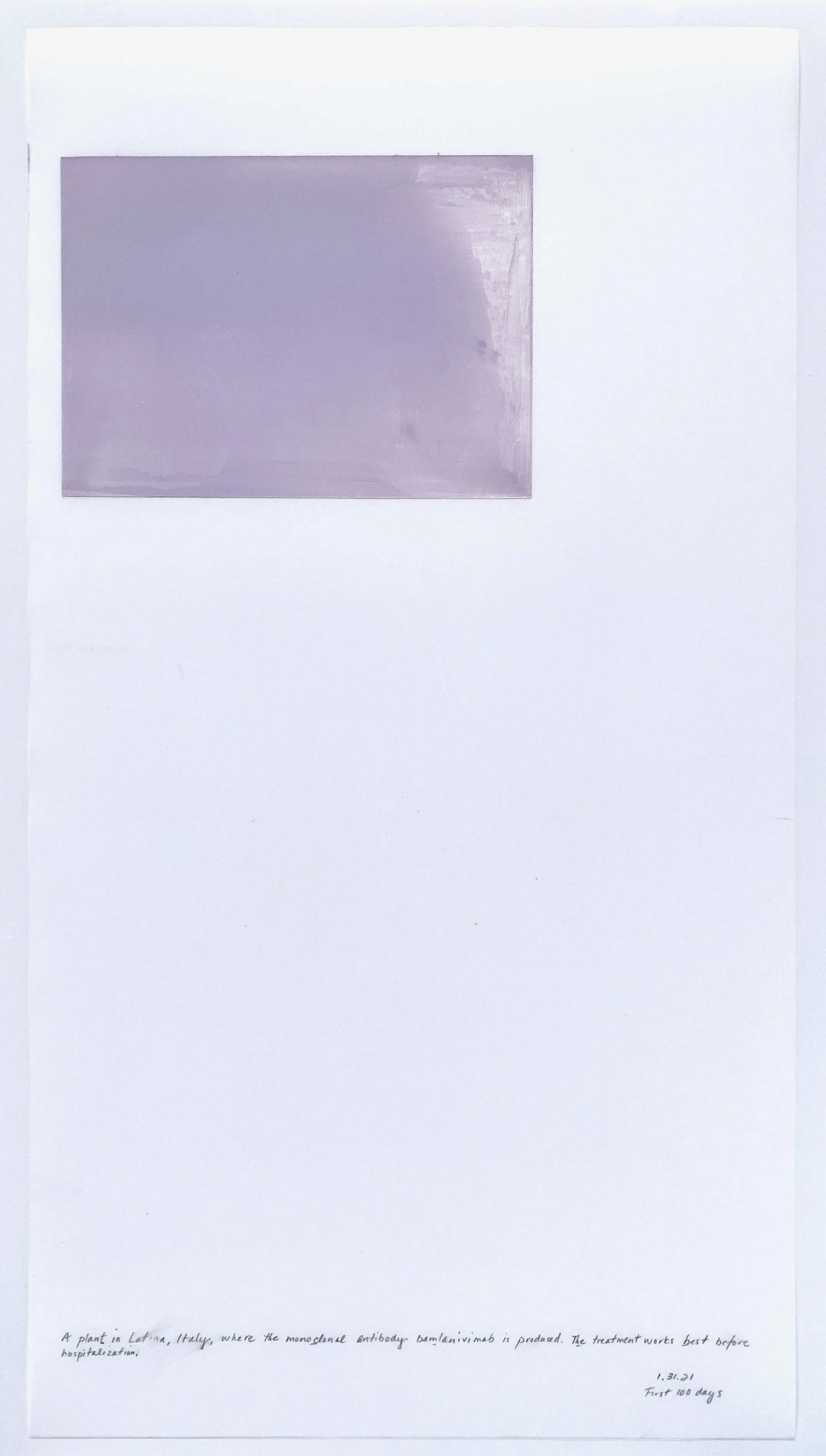 A Week in Times  - 2021 Acrylic on polyester resin film, 22 x 12 inches  
A plant in Latina, Italy, where the monoclonal antibody bamlanivimab is produced. The treatment works best before hospitalization. 1.31.2021