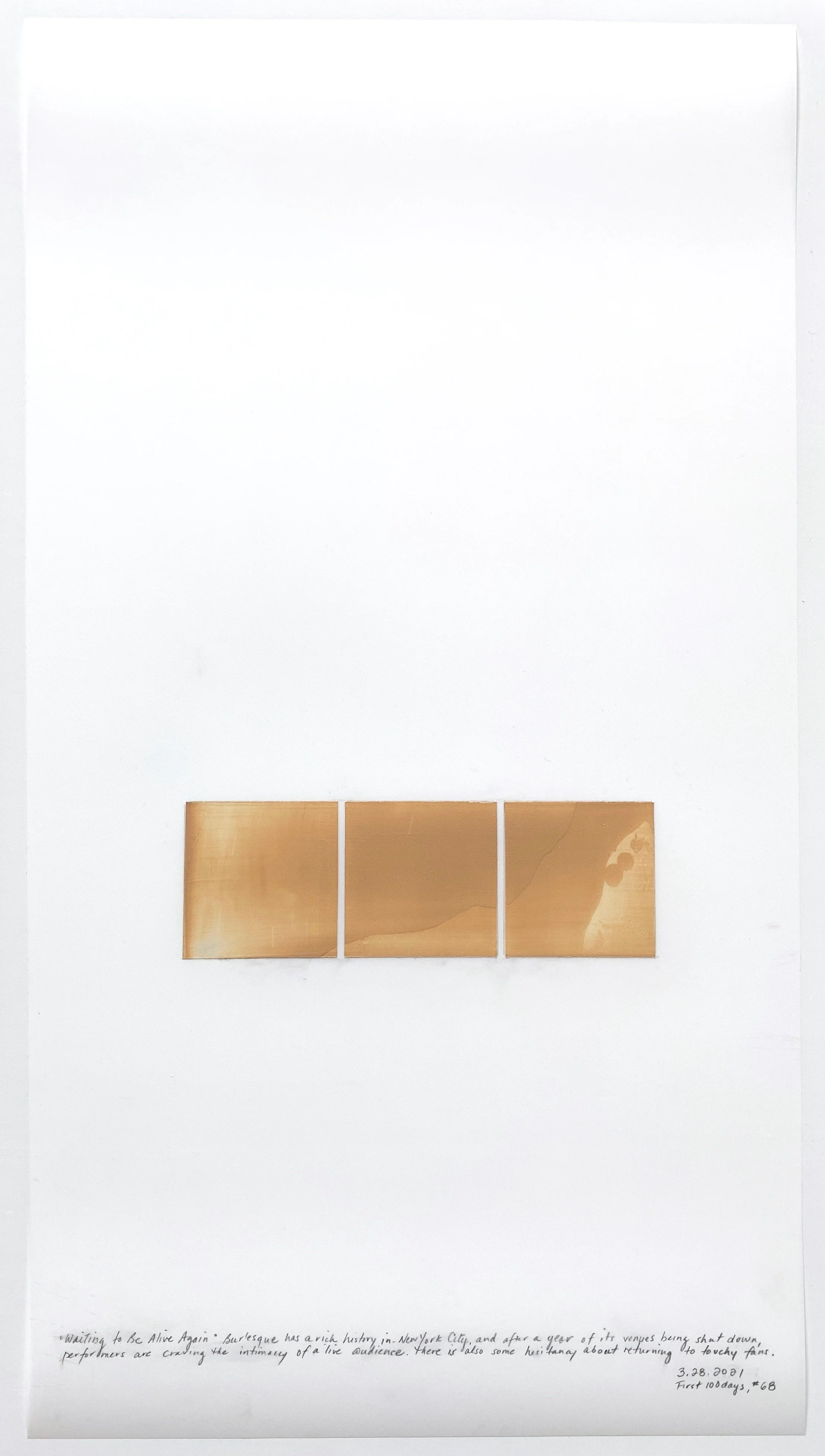 A Week in Times  - 2021 Acrylic on polyester resin film, 22 x 12 inches  
“Waiting to be Alive Again” Burlesque has a rich history in New York City And after a year of its venues being shut down, performers are craving the intimacy of a live audie