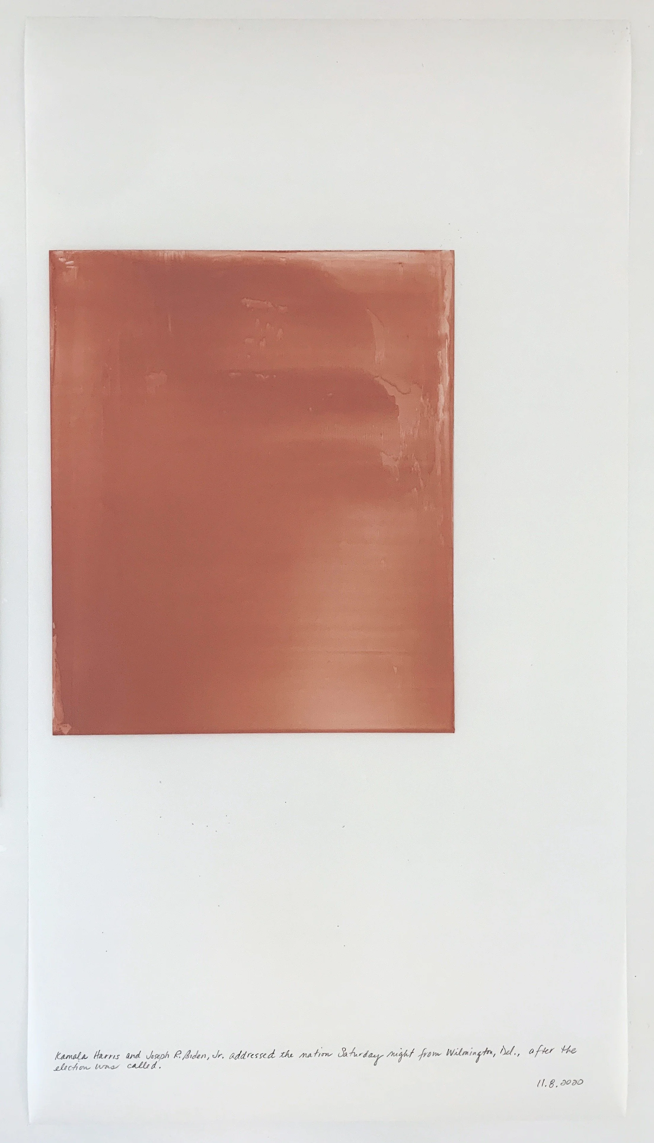 A Week in Times  - 2020 Acrylic on polyester resin film, 22 x 12 inches  
Kamala Harris and Joseph R. Biden, Jr. addressed the nation Saturday night from Wilmington, Del. After the election was called. 11.8. 2020