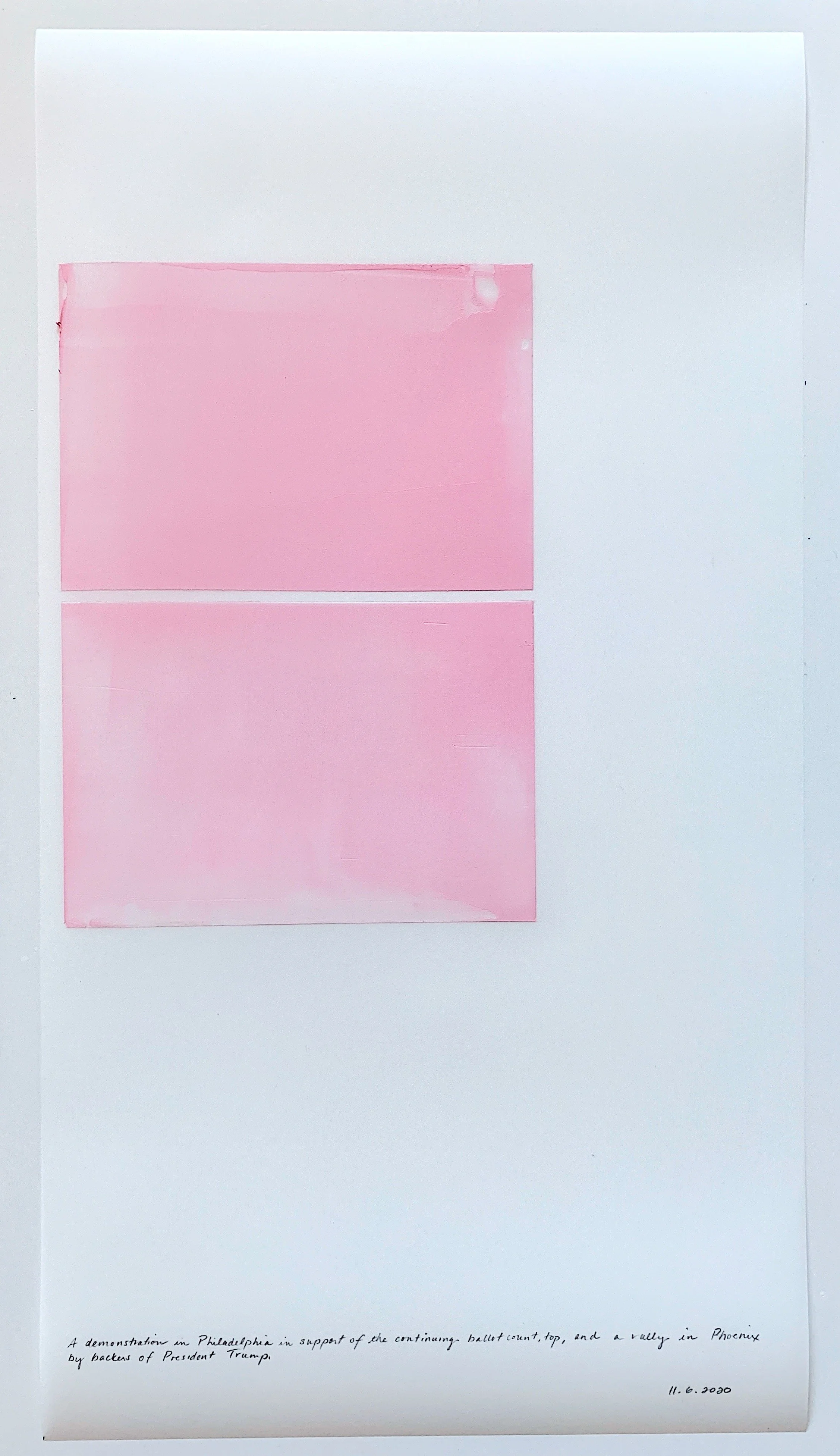 A Week in Times  - 2020 Acrylic on polyester resin film, 22 x 12 inches  
A demonstration in Philadelphia in support of the continuing ballot count, top And a rally in Phoenix by backers of President Trump. 11.6.2020