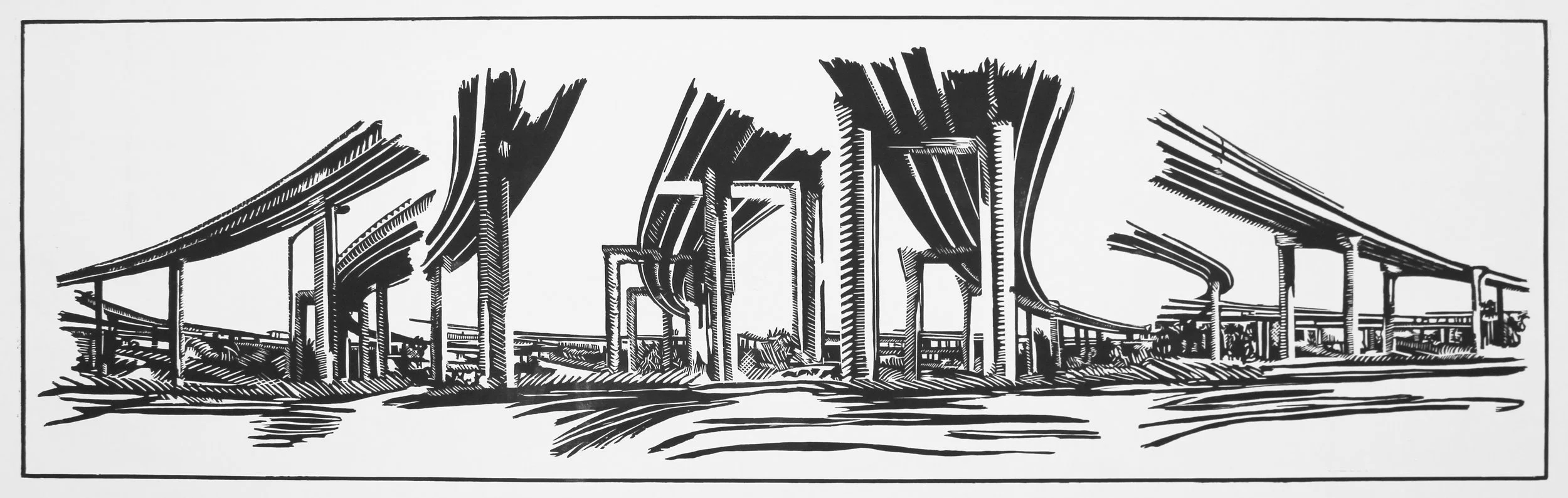  110-105 interchange, 2026  woodblock print  26 × 64 in 