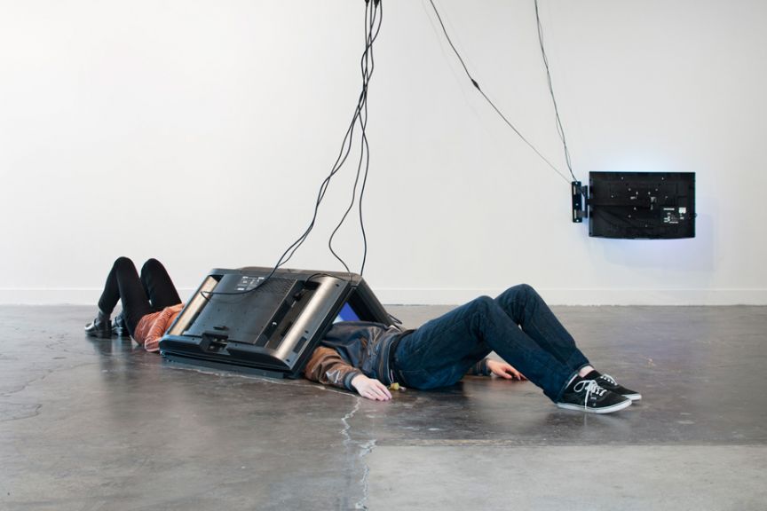 Eva and Franco Mattes "Befnoed," 2014 | Videos (various lengths), flatscreen, custom-made wall mount bracket, cables | Exhibition view, Feldman Gallery at PNCA, Portland OR