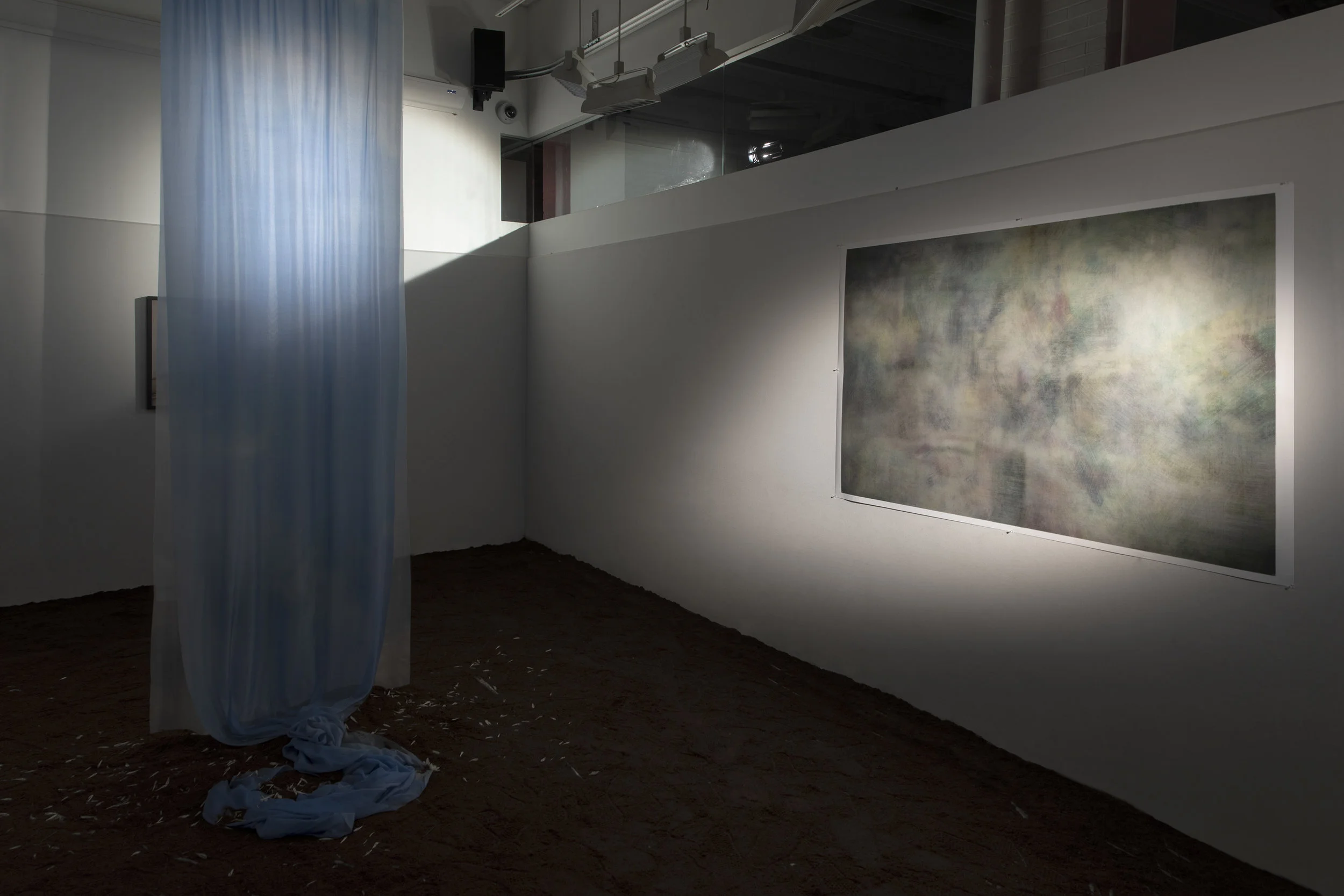 Installation Image for Vestige , 2019 Mixed Media (Silk Habotai, Pigment, Dirt, Ashes of Incense Sticks, Crysanthemum Petals, Framed Images with Archival Inkject Print)