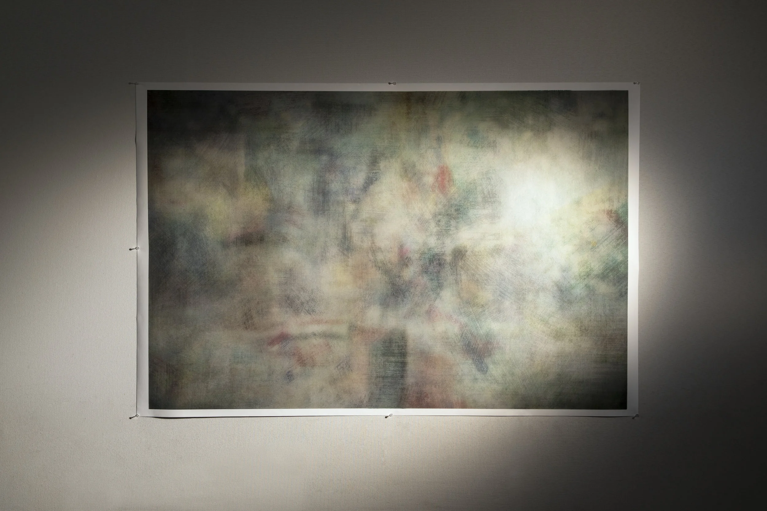 Installation Image for Vestige , 2019 Mixed Media (Silk Habotai, Pigment, Dirt, Ashes of Incense Sticks, Crysanthemum Petals, Framed Images with Archival Inkject Print)