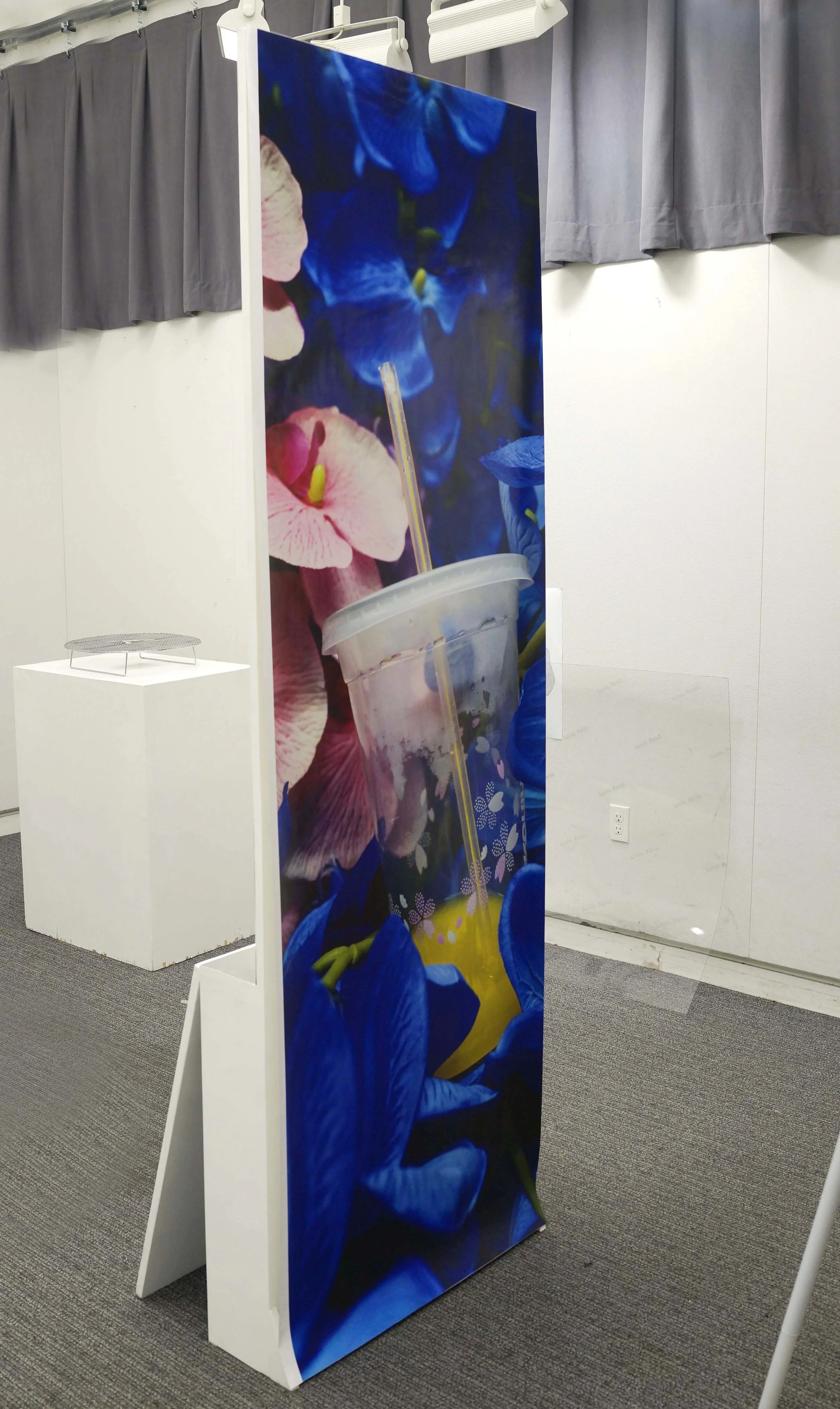 Untitled(flower straw) inkjet print, wood board, paint, stainless steel, 2.5”x28”x 79” 2019
