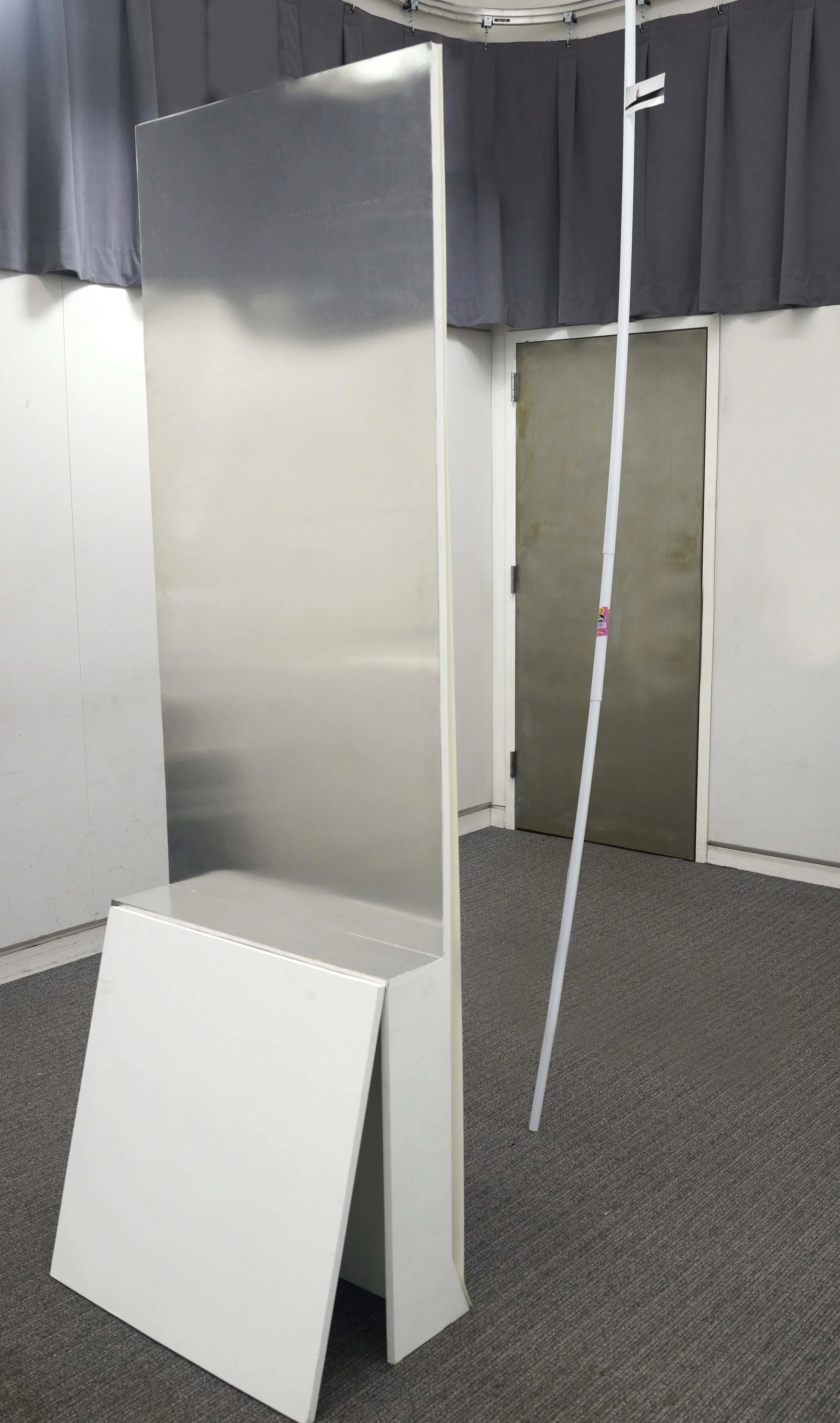 Untitled(flower straw)/ Untitled(rod display) inkjet print, wood board, paint, stainless steel / plastic rod, inkjet print, paper package of candy 2.5”x28”x 79”/ 140”x1.5” 2019