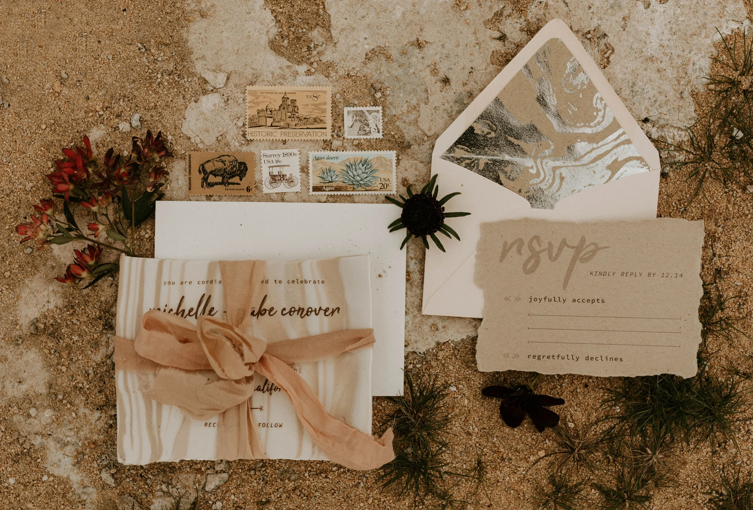 Clay New Year's Eve invitation suite.