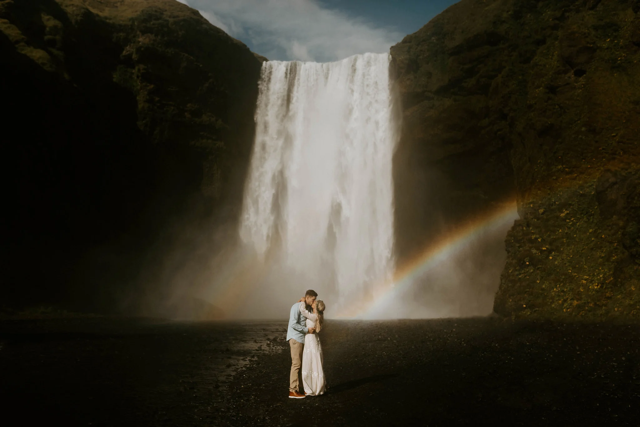Skogafoss Waterfall Rainbow Engagement Session Iceland
