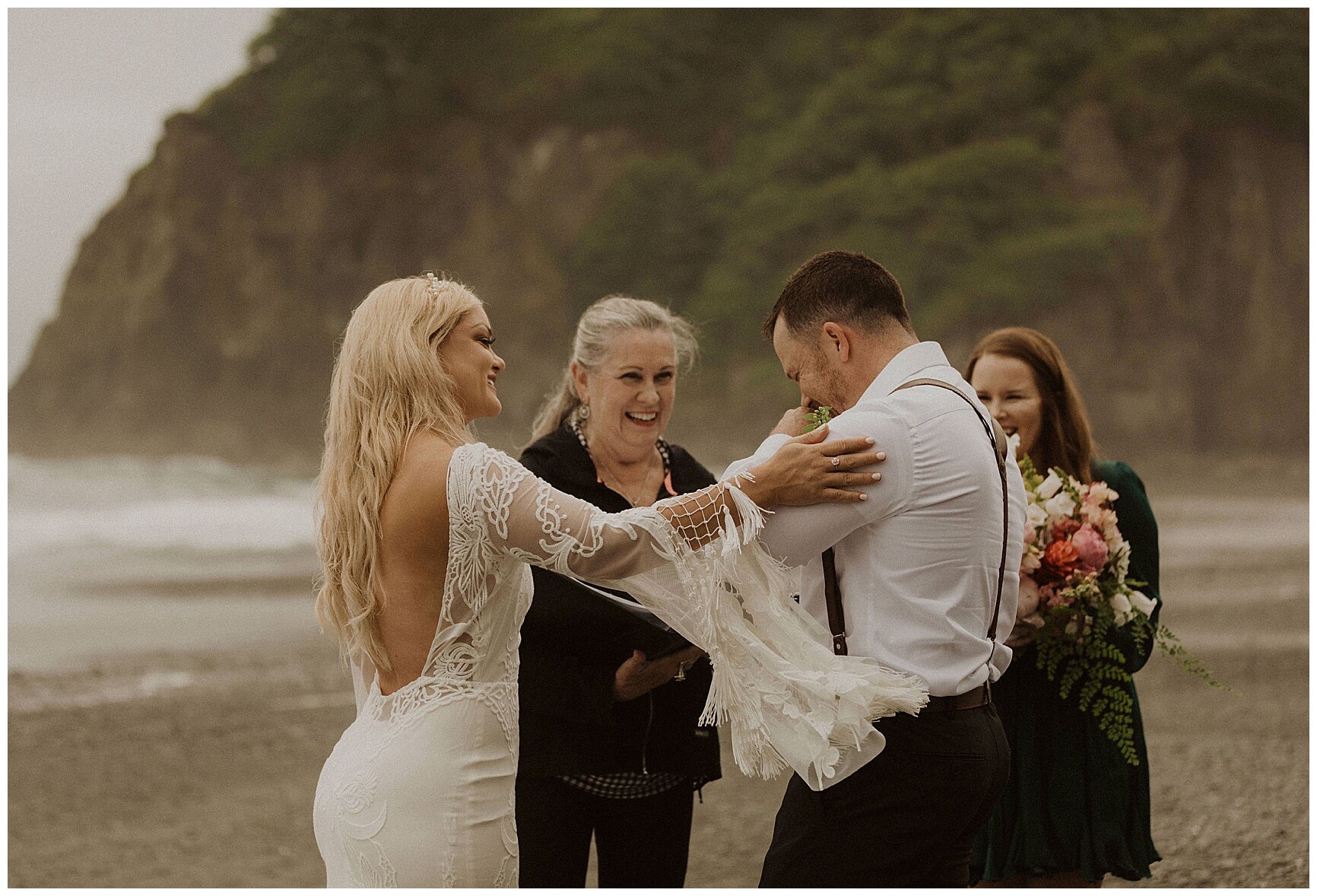 bride and groom exchanging vows on the beach during their elopement ceremony along the coast of Washington