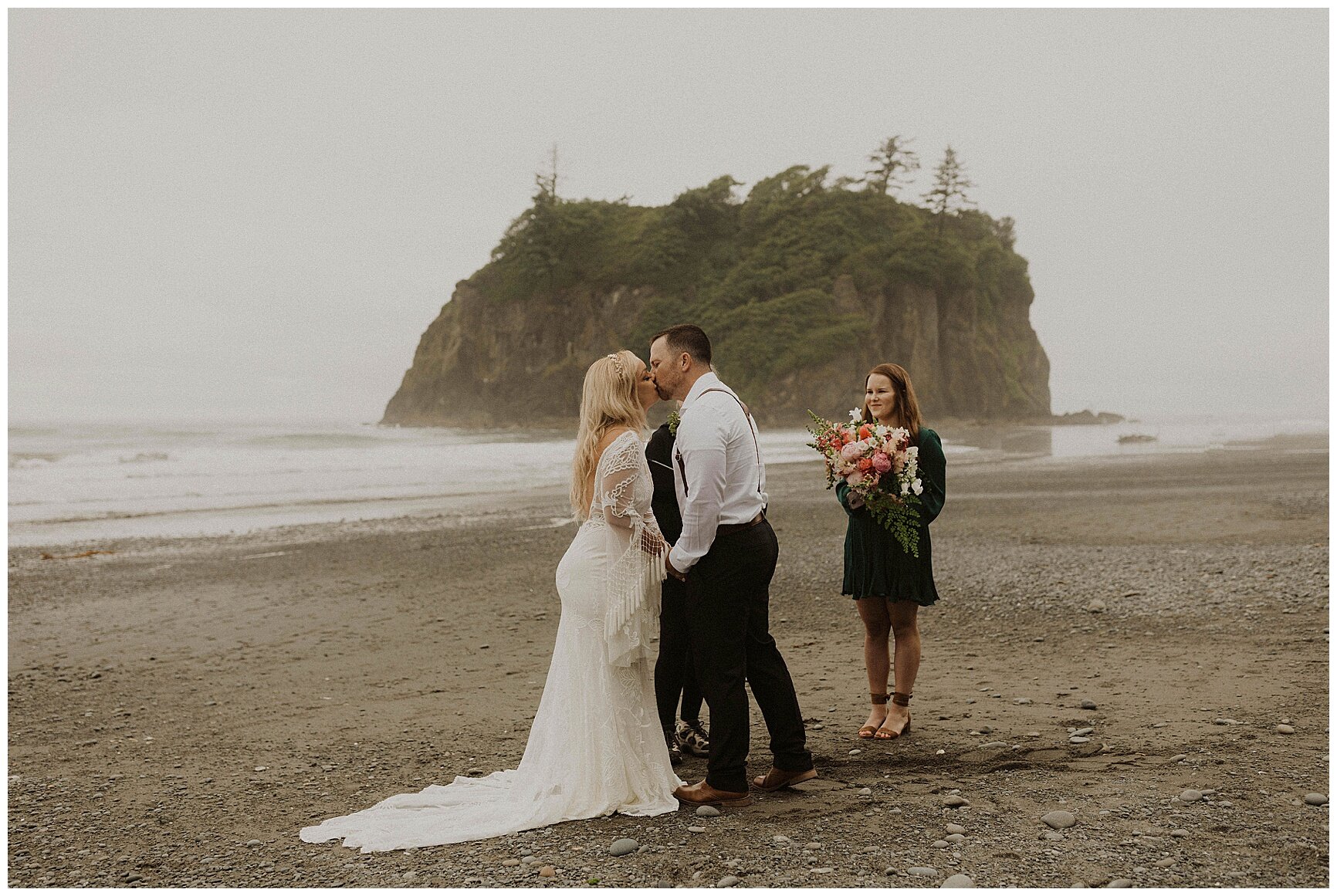 bride and groom exchanging vows on the beach during their elopement ceremony along the coast of Washington