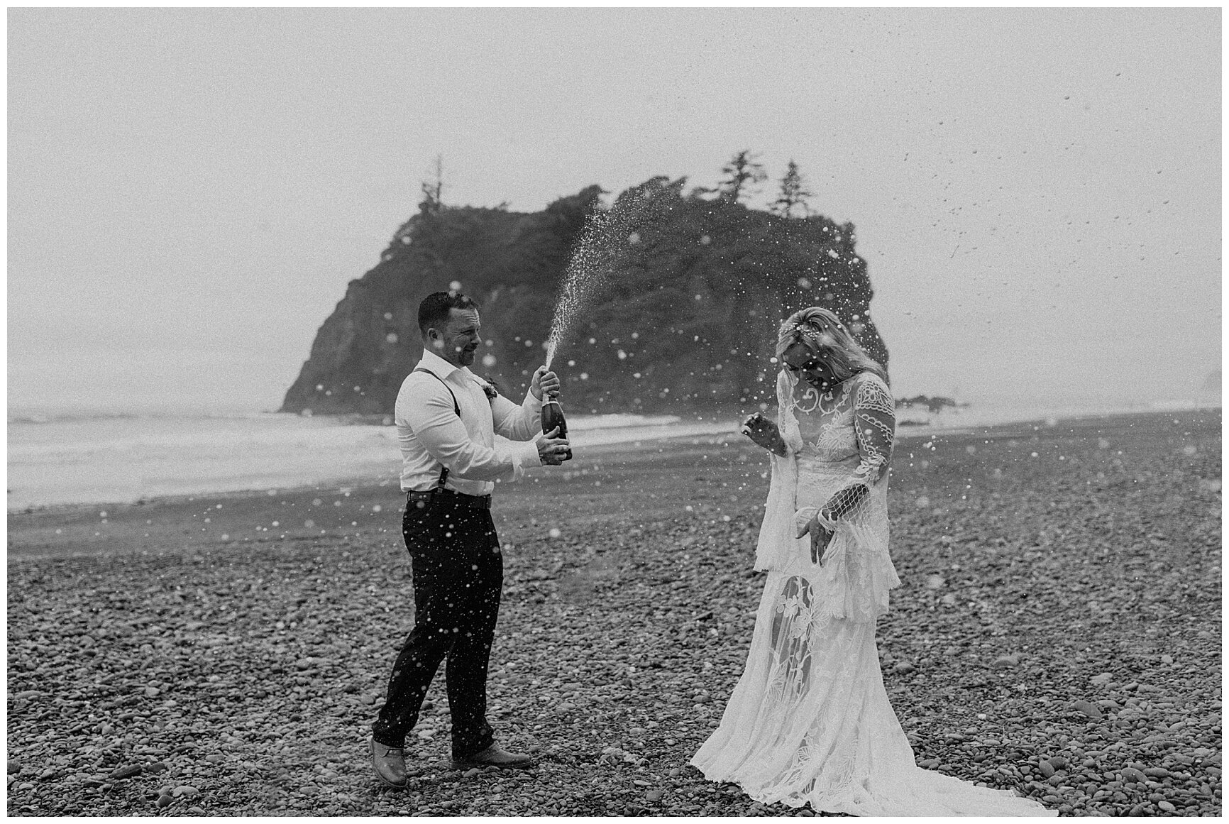 bride and groom popping champagne after their elopement on the coast of Washington