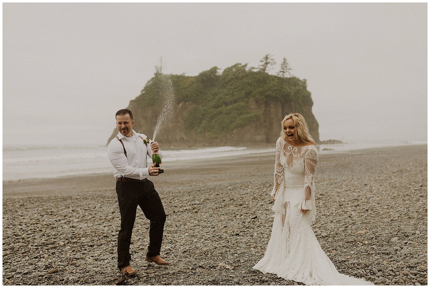 bride and groom popping champagne after their elopement on the coast of Washington