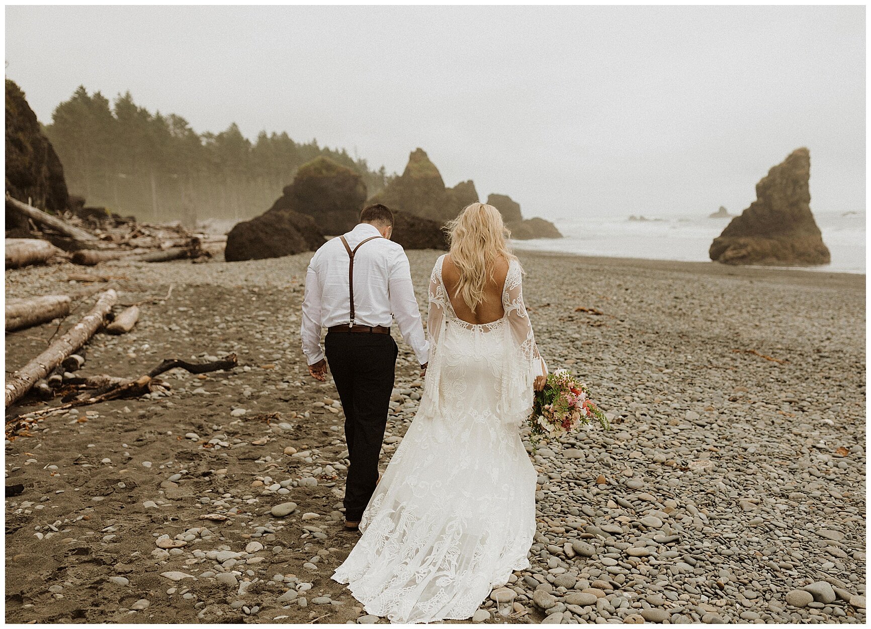 bride and groom elopement portraits on the beach along the Washington coast