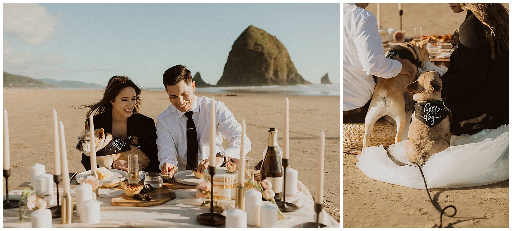 bride and groom having a lunch picnic on Canon beach after their elopement 