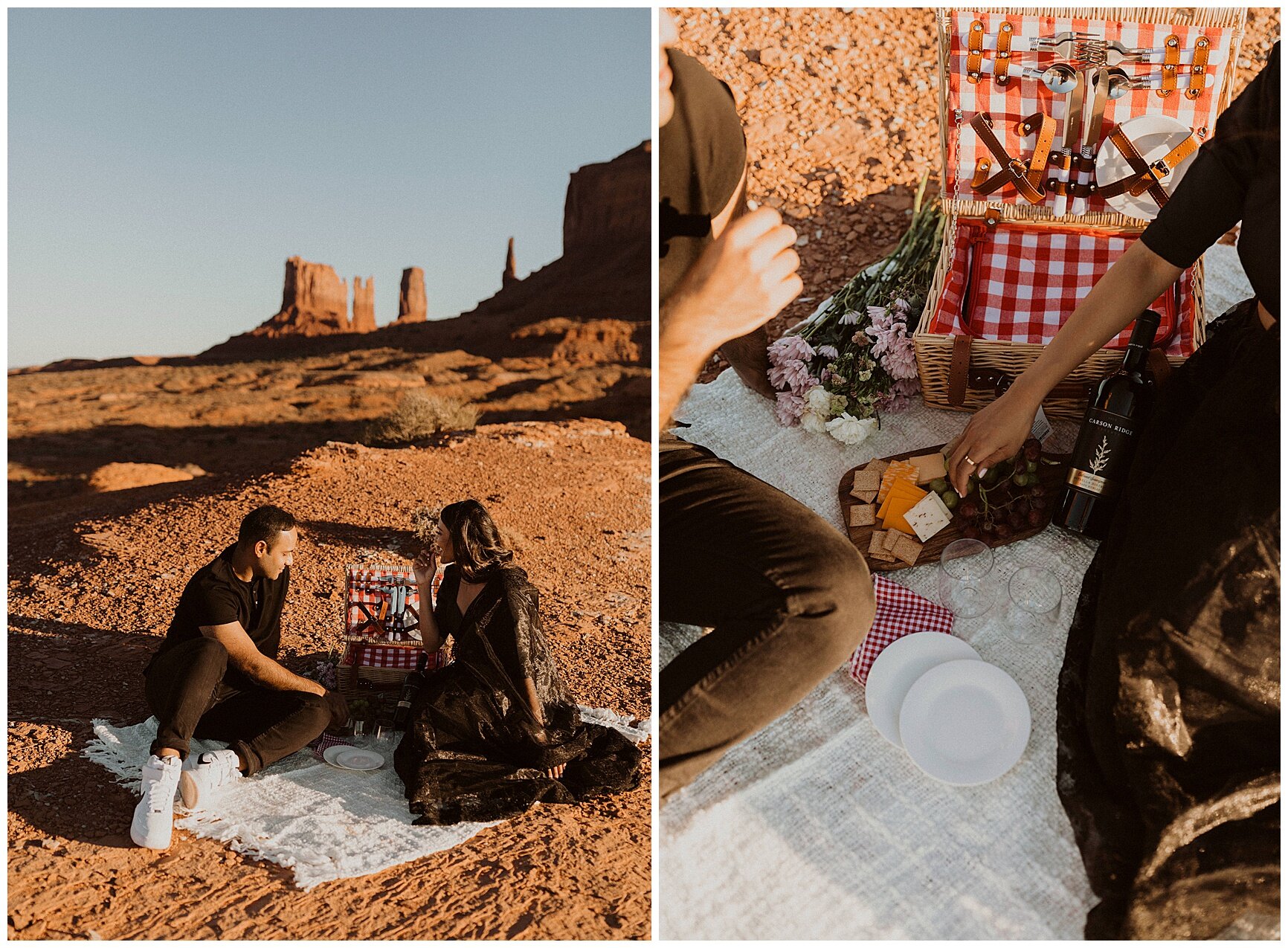 engaged couple having a picnic during their portrait session in monument valley, arizona