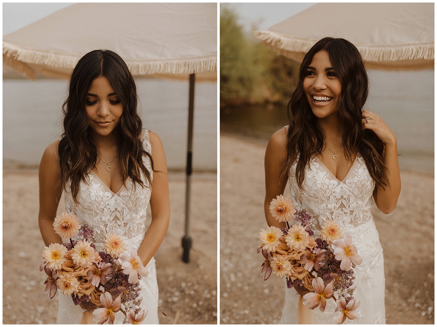 bride holding a lush bouquet of caramel yellow and purple tones