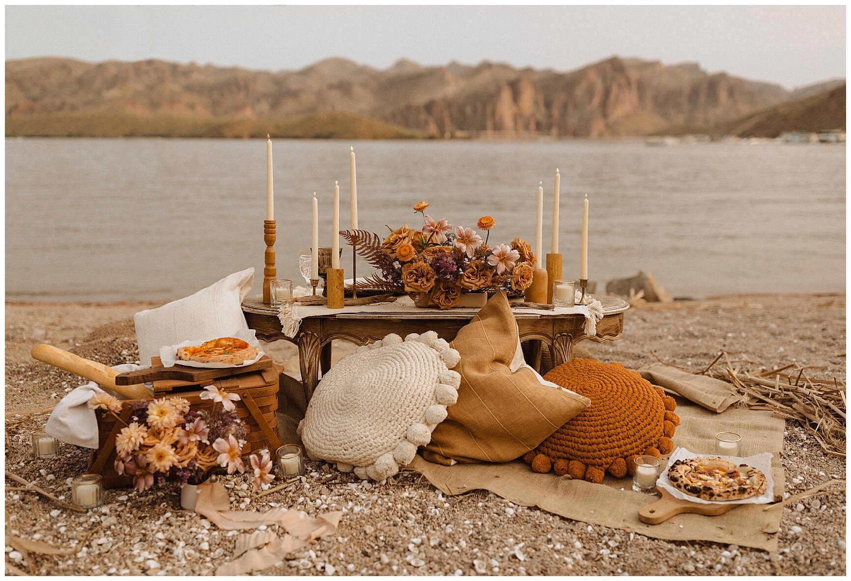 desert picnic set up for a saguaro lake elopement