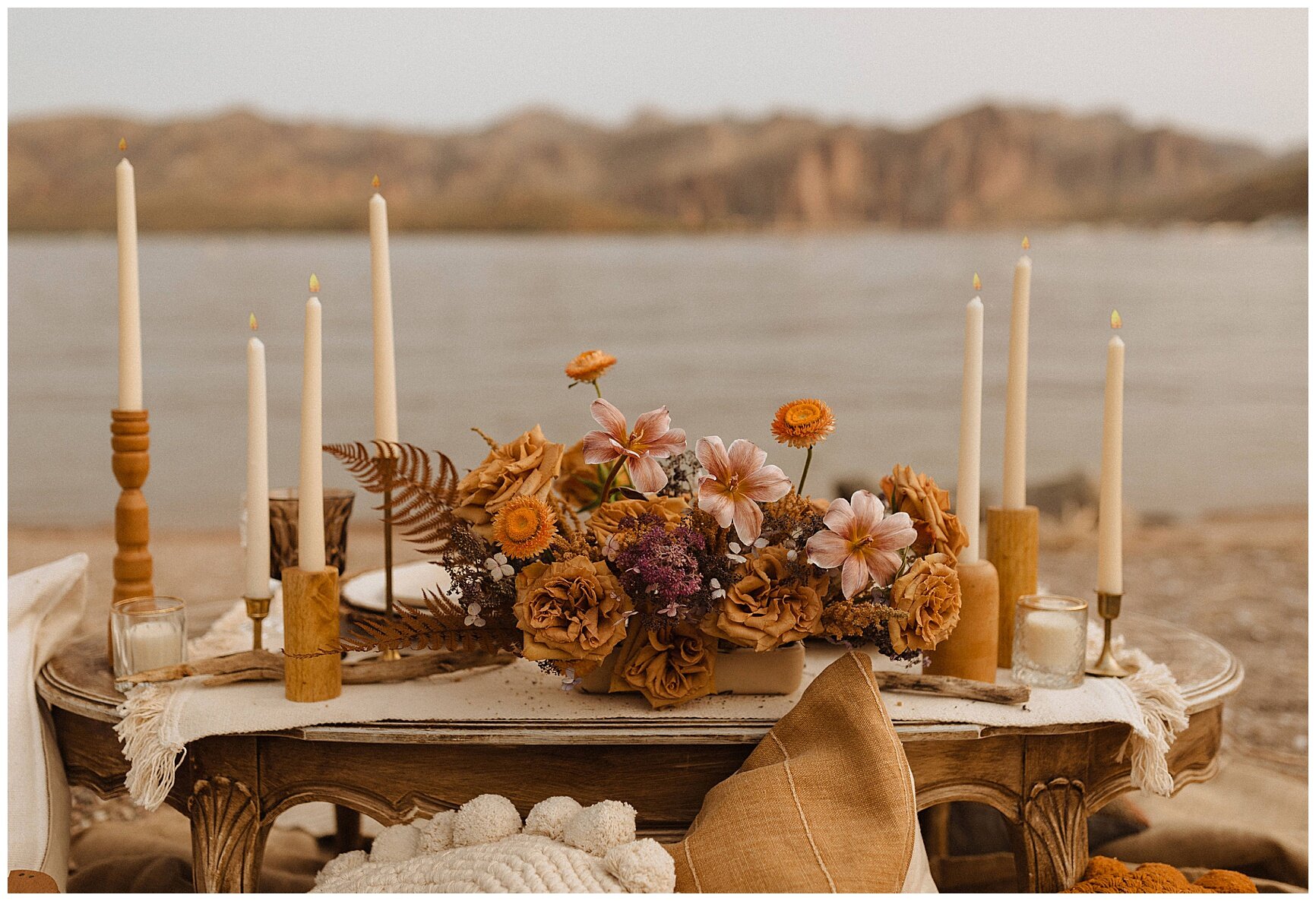 desert picnic set up for a saguaro lake elopement