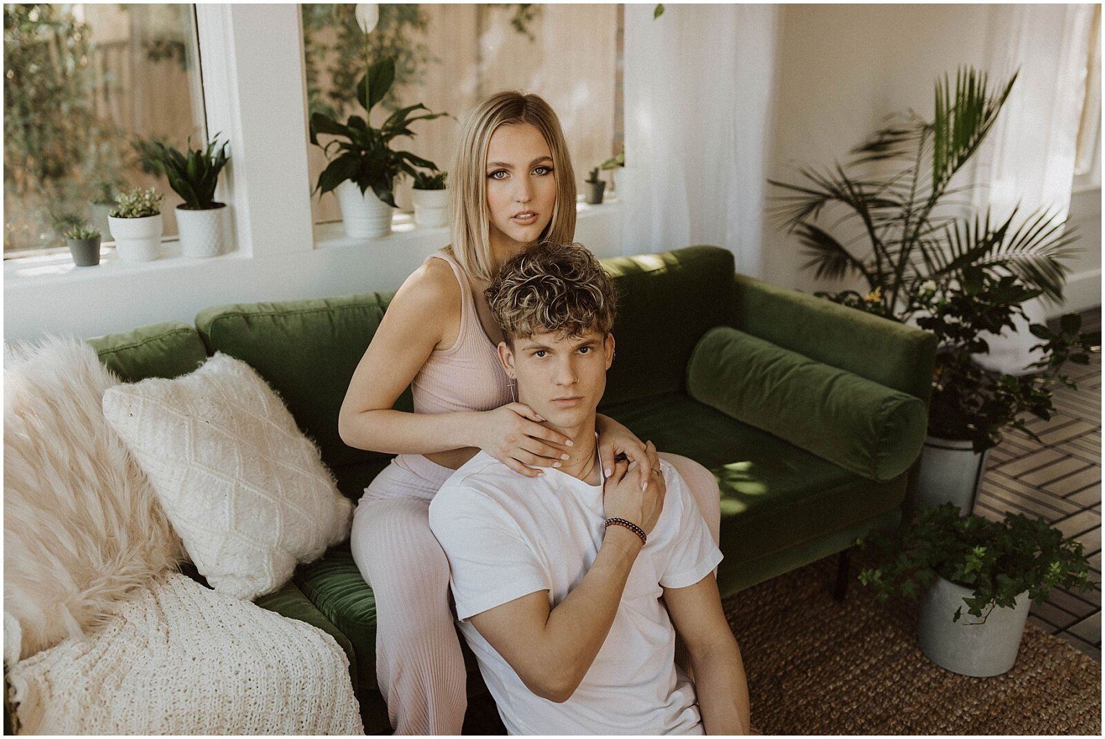 couple wearing loungewear during their couples session at Studio House in Phoenix