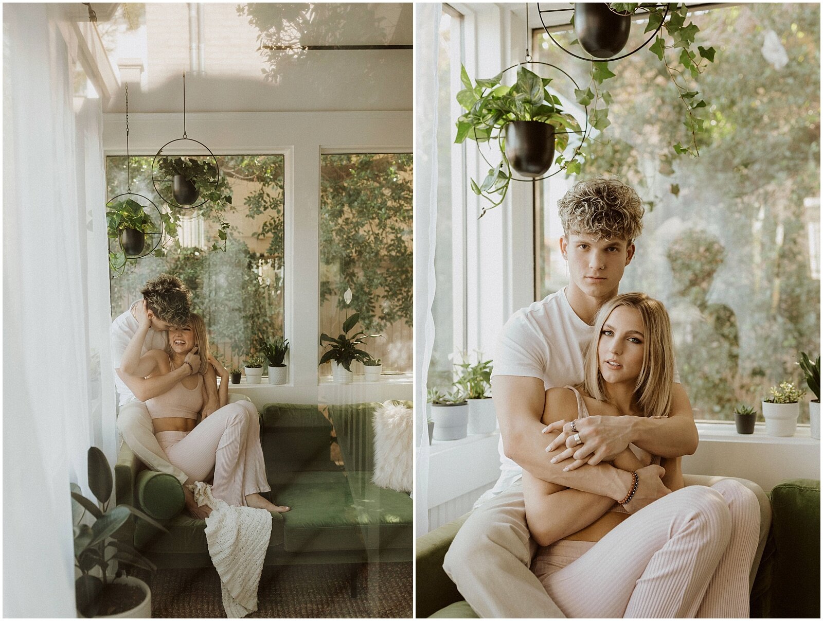 couple cuddling on a green couch during their couples session at Studio House in Phoenix