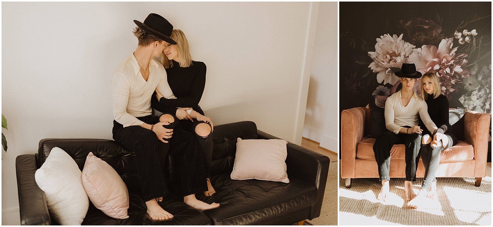 couple taking portraits in front of a moody floral wall at Studio House in Phoenix