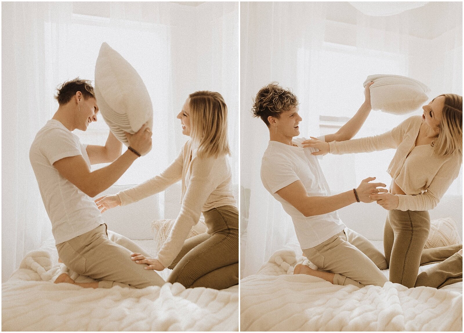 couple having a pillow fight taking photos for their couples session at Studio House in Phoenix