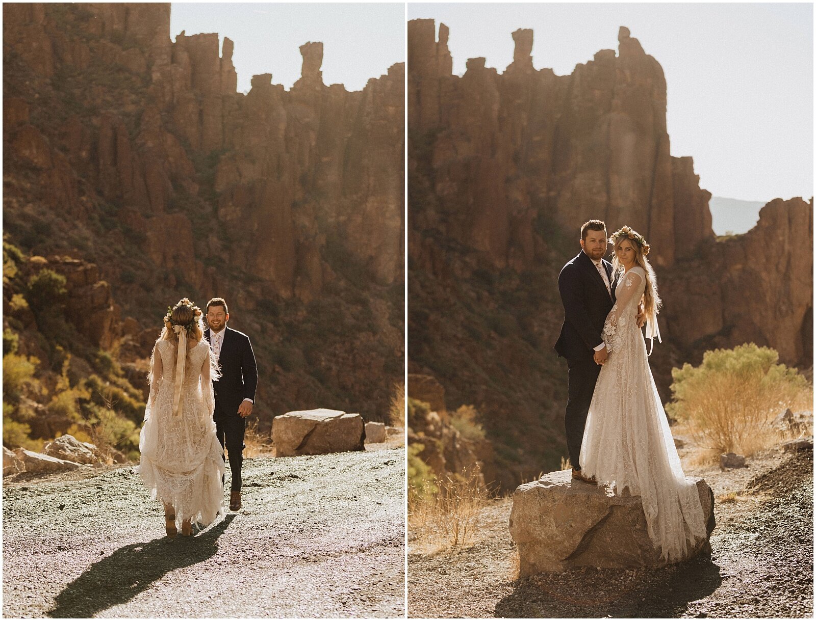 bride and groom first look in the desert