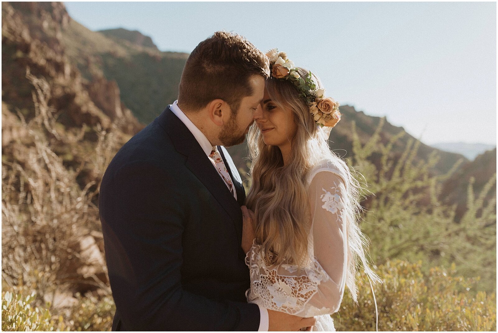 boho desert bridal session with bride and groom in arizona