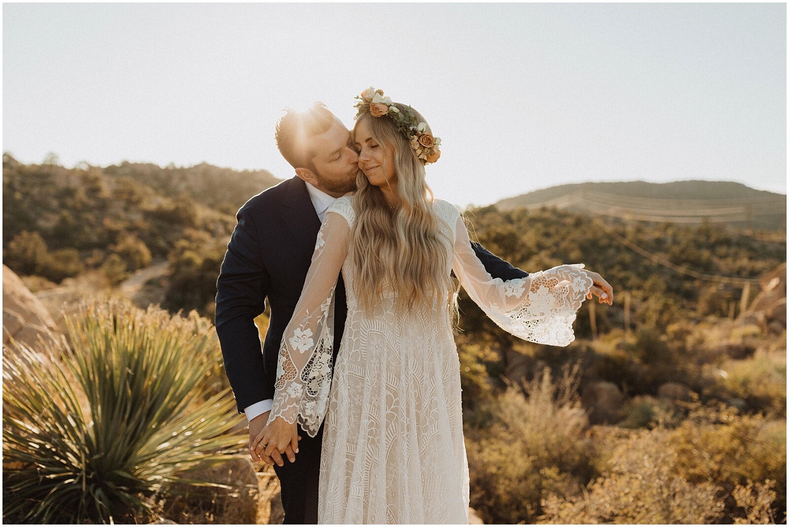 boho desert bridal session with bride and groom in arizona