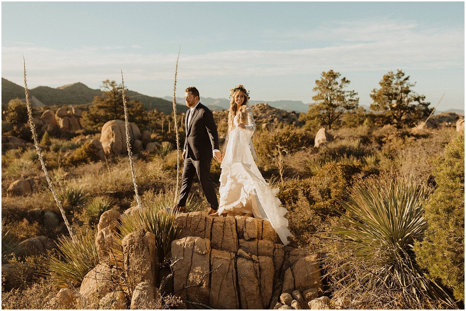 boho desert bridal session with bride and groom in arizona