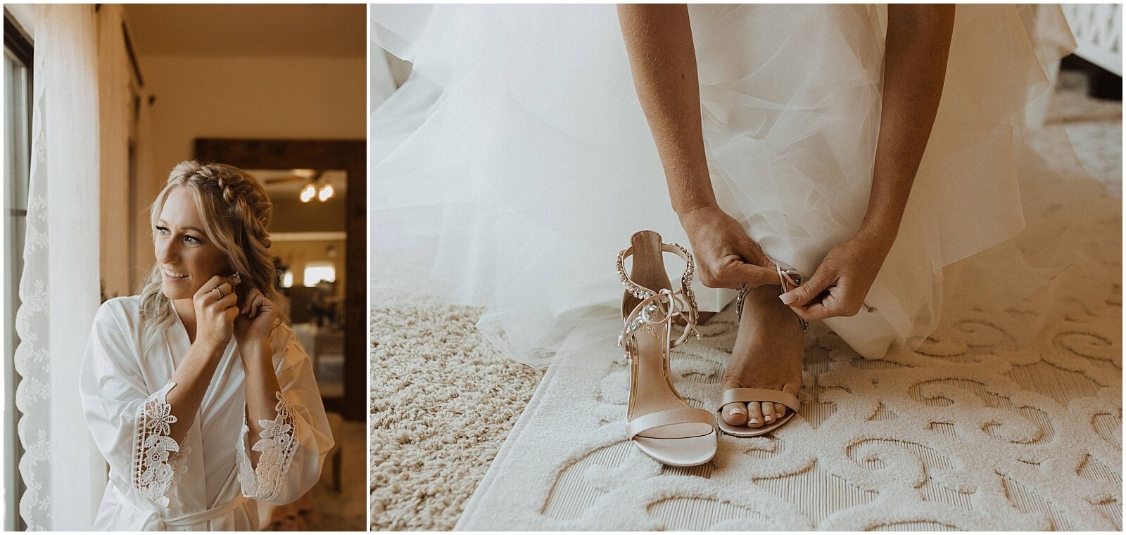 bride putting on shoes and accessories on wedding day