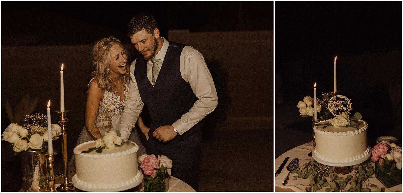 bride and groom cutting their wedding cake during intimate backyard elopement