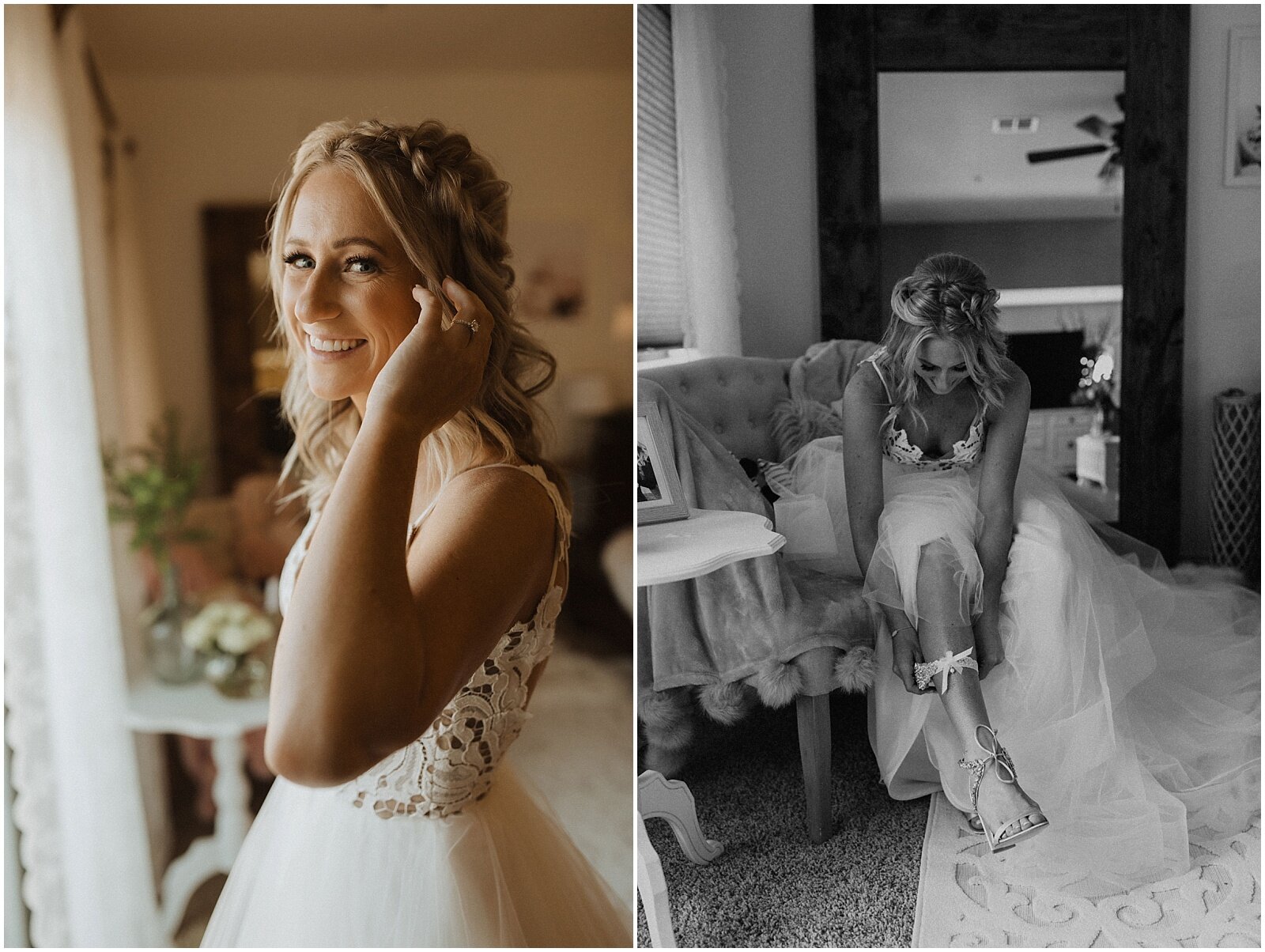 bride putting on shoes and accessories while getting ready on wedding day