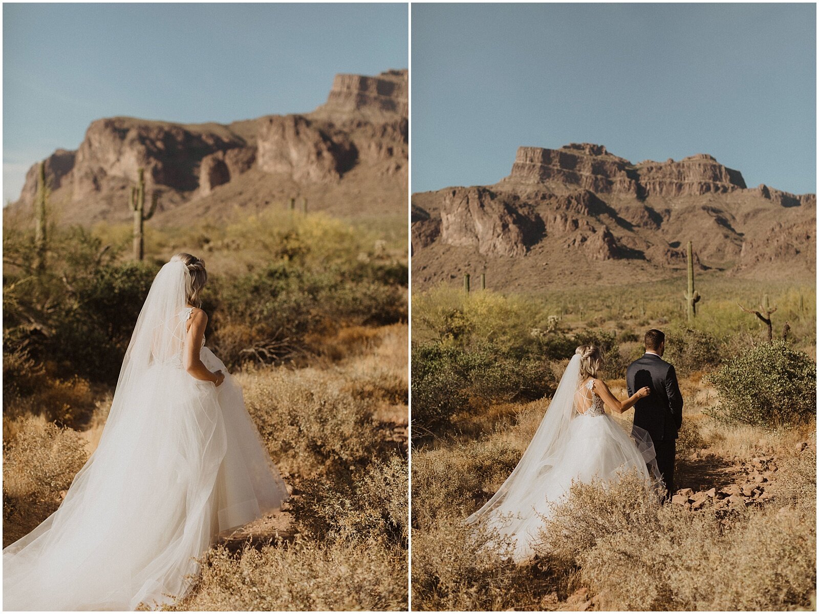 bride and groom first look in the arizona desert