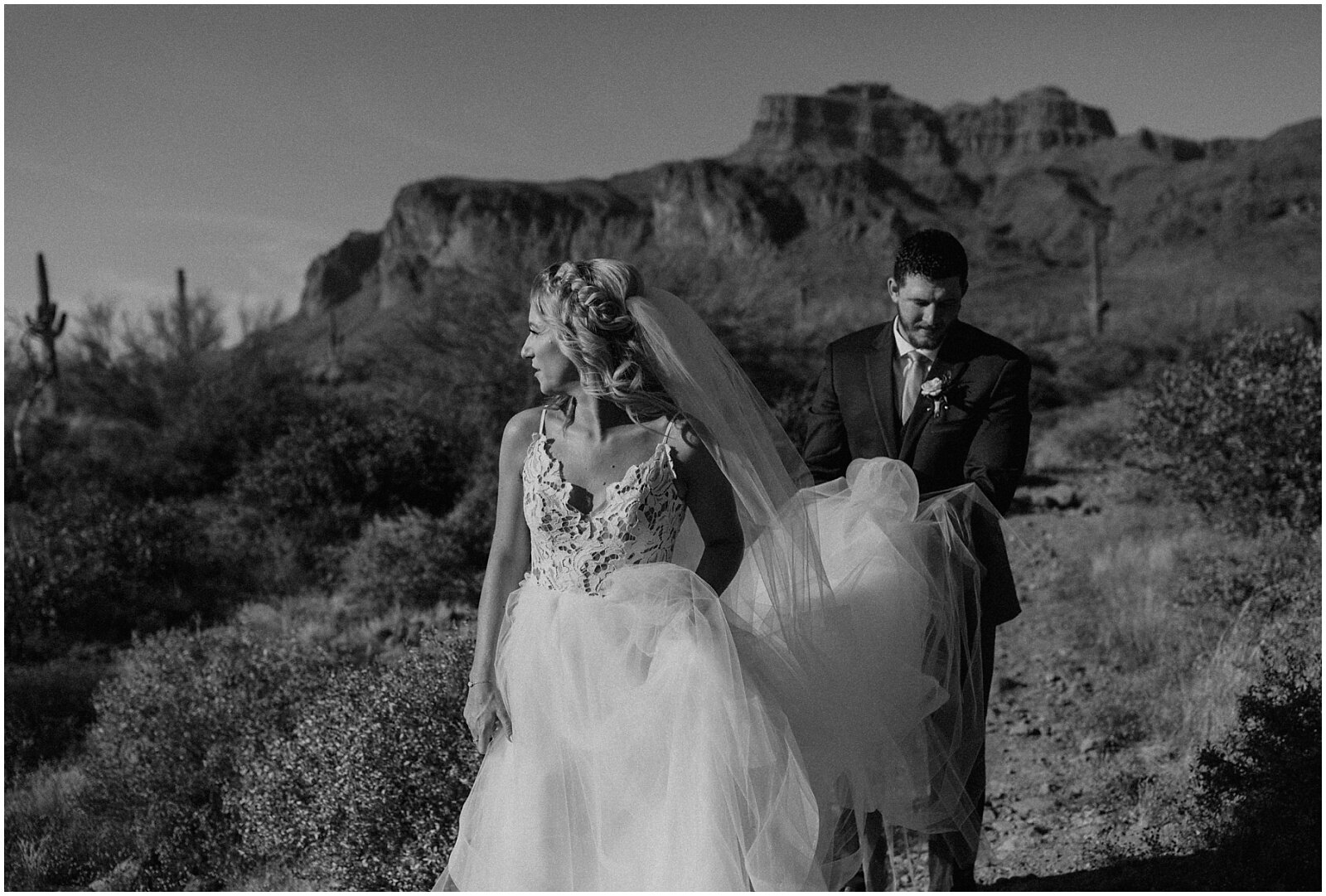 bride and groom first look in the arizona desert