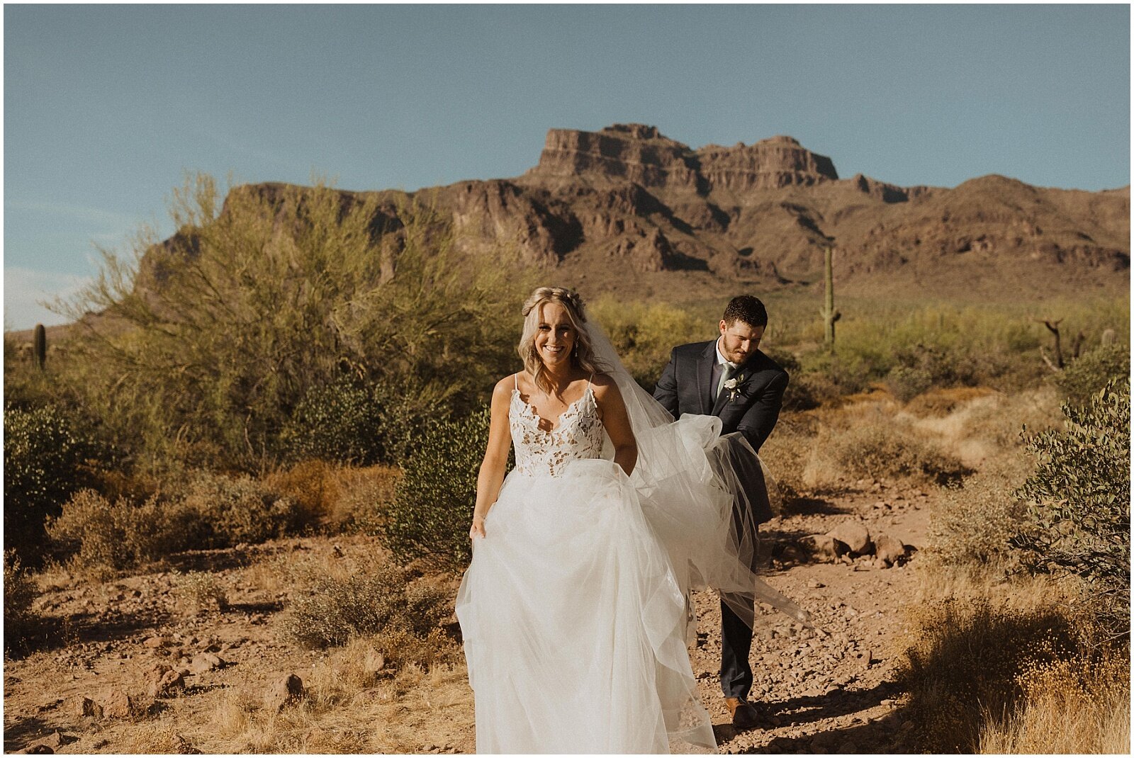 bride and groom first look in the arizona desert