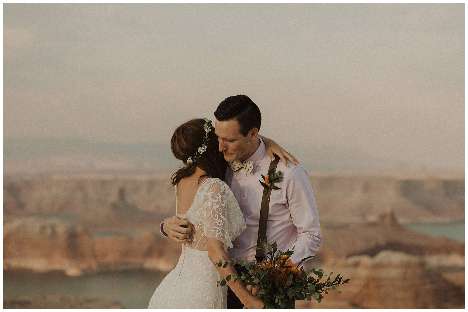 bride and groom first look at Lake Powell elopement