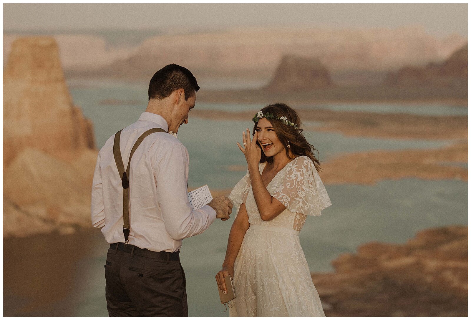 bride and groom first look at Lake Powell elopement