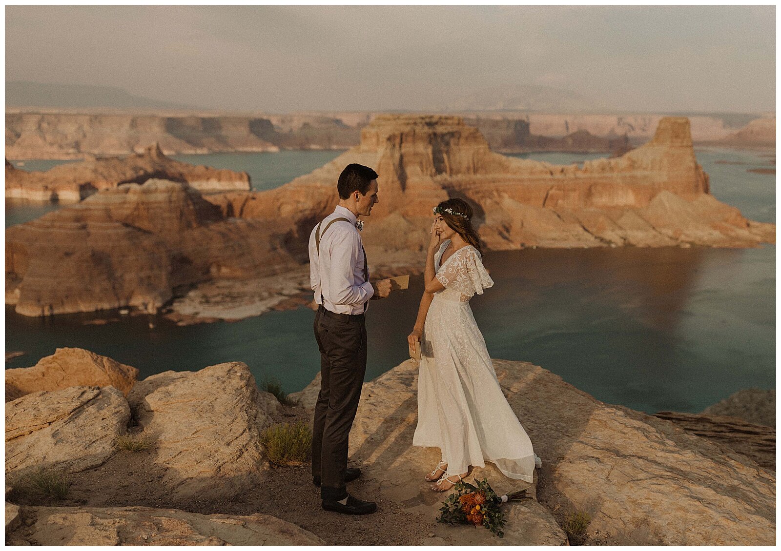 bride and groom first look at Lake Powell elopement